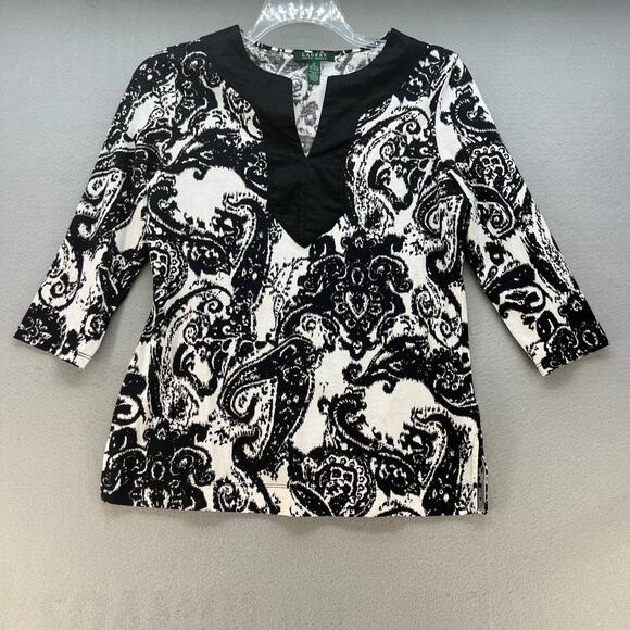 Lauren Ralph Lauren Tops - Ralph Lauren Tunic Top Women's Size M Black And White Ikat Pattern 3/4 Sleeve